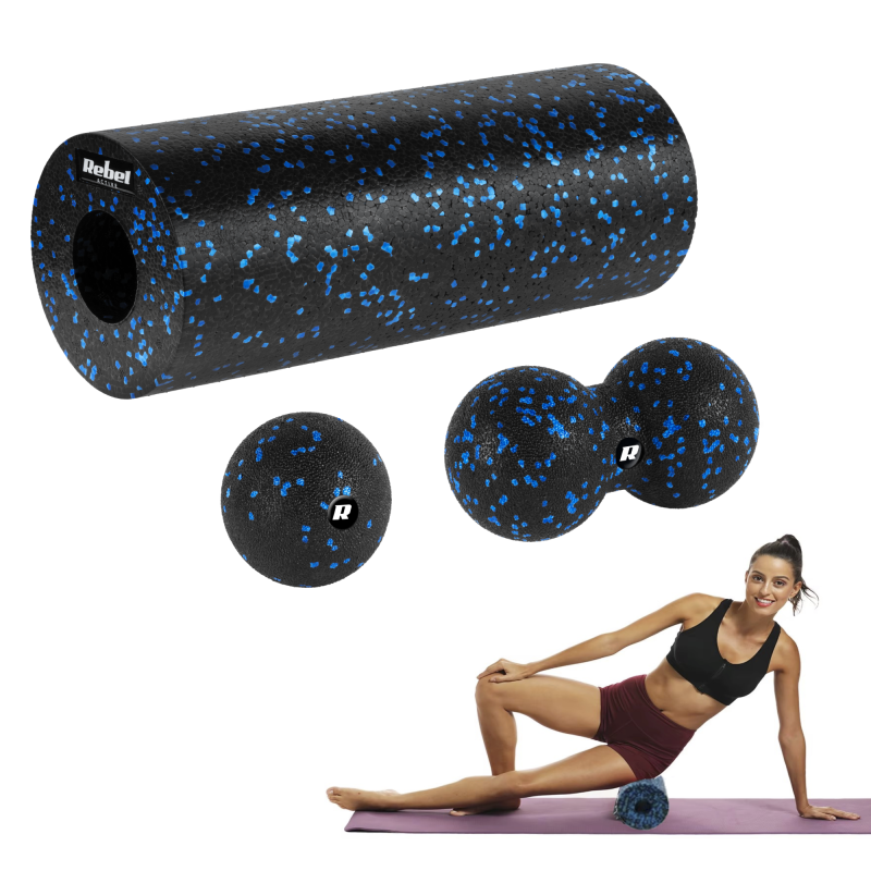Zestaw wałek do masażu, roller, piłka, duoball , 3 elementy, kolor czarno-niebieski, materiał EPP, REBEL ACTIVE
