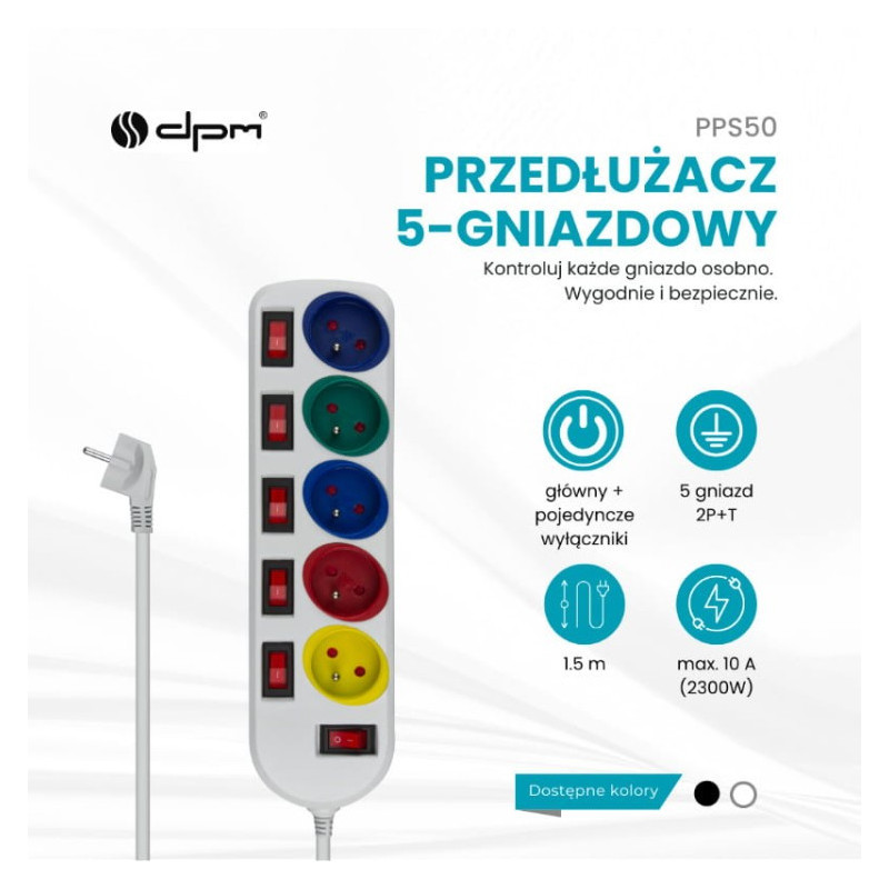 PRZEDŁUŻACZ Z UZIEMIENIEM 5 GNIAZD, OSOBNE WYŁĄCZNIKI 1,5m BIAŁY