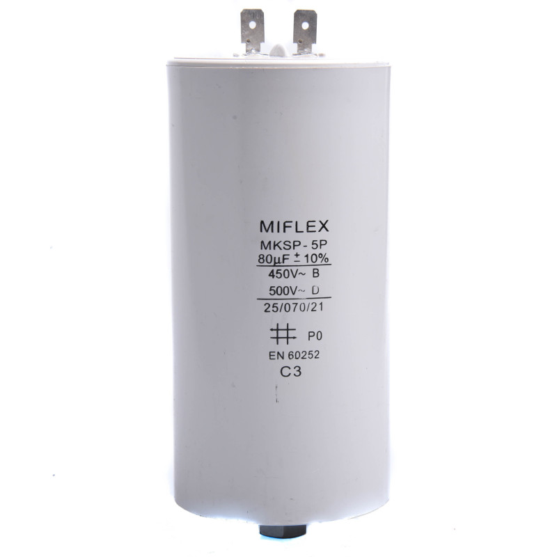KONDENSATOR 80uF ROZRUCHOWY MIFLEX 140x60mm KONEKTORY