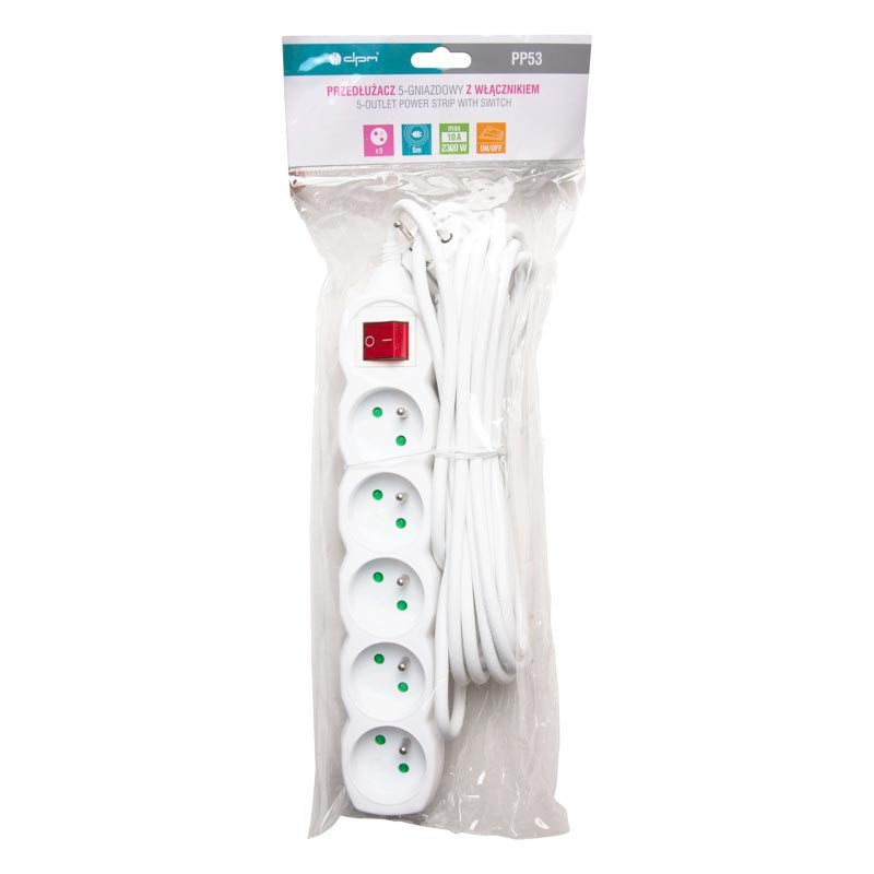 PRZEDŁUŻACZ SIECIOWY 5m 5GN Z UZ. + WŁĄCZNIK PP53